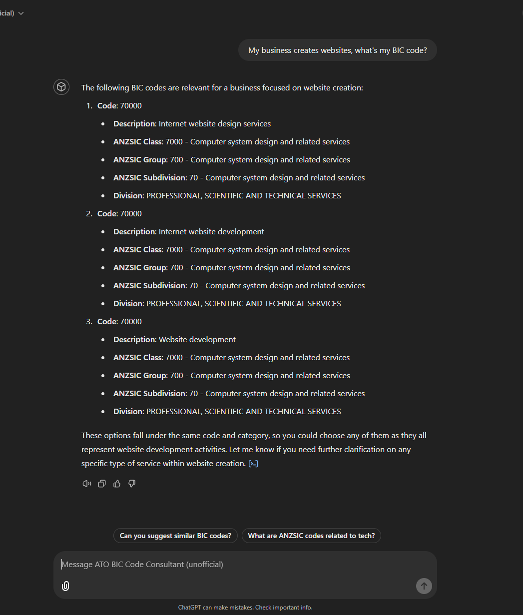 ChatGPT ATO BIC Codes Example